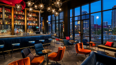 Cozy upscale bar interior with colorful seating and city skyline in the evening lightの素材