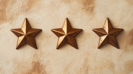 Three decorative bronze stars displayed on a textured wall with warm earthy tonesの素材