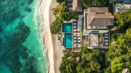 Luxurious beachfront villa with pools surrounded by lush greenery on a tropical islandの素材