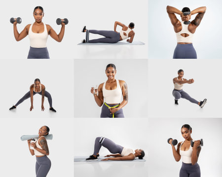 A woman demonstrating various workout exercises in a minimalist gym settingの写真素材