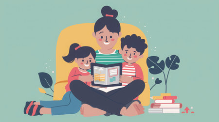 Woman Reading Book to Two Childrenの素材