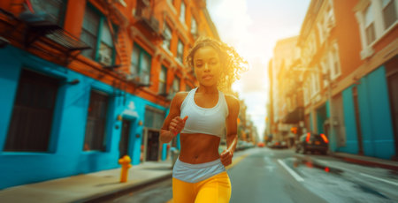 Woman Running Down City Street in Yellow Pantsの素材