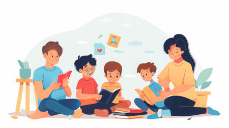 Family Sitting on the Floor Reading Booksの素材