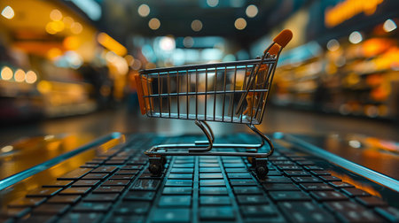 A shopping cart placed on top of a laptop keyboard. Shopping Cart on Laptop Keyboardの素材