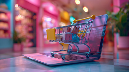 Cart brimming with goods sits atop laptop keys, epitomizing the ease of online shoppingの素材
