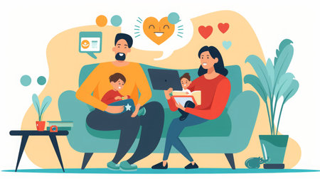 Man and Woman Sitting on Couch With Childの素材