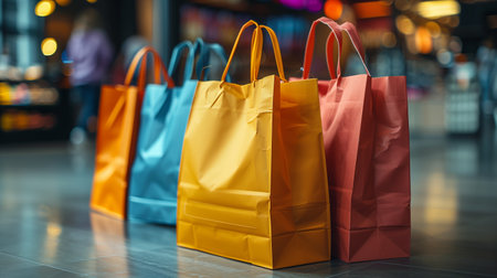 A row of various vibrant bags placed neatly on the ground. Colorful Bags Arranged on Floorの素材
