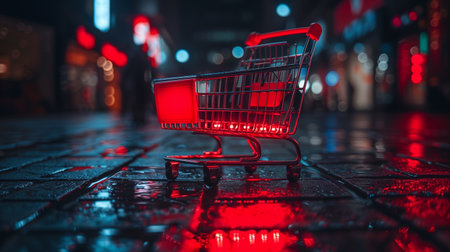 Red shopping cart resting on tiled floor. Red Shopping Cart on Tiled Floorの素材