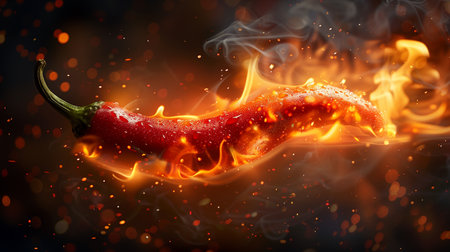 Hot pepper on fire, blazing against a black backdrop. Fiery Hot Pepper on Black Backgroundの素材