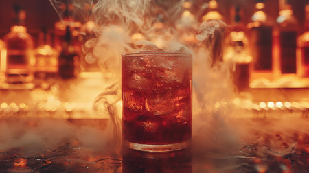 Whiskey glass on table, enveloped in swirling smoke, a captivating sightの素材