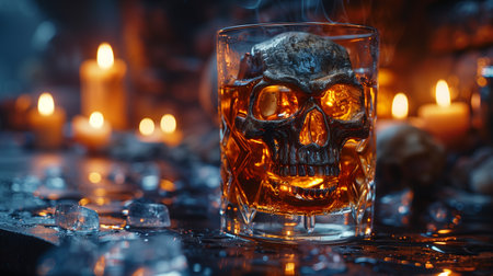 Whiskey glass and skull, candles cast an enigmatic glow in the backgroundの素材