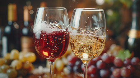 Two stemmed wine glasses filled with red and white wine. Two Wine Glasses Filled With White and Red Wineの素材
