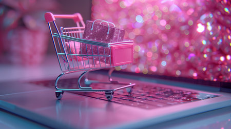 A shopping cart placed on top of a laptop computer. Shopping Cart on Laptopの素材