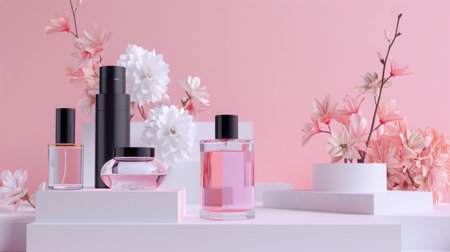 Elegant Perfume Bottles With Spring Blossoms on Pink Backgroundの素材