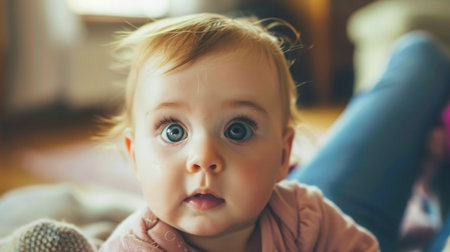 Baby With Big Blue Eyes Sitting on Bedの素材