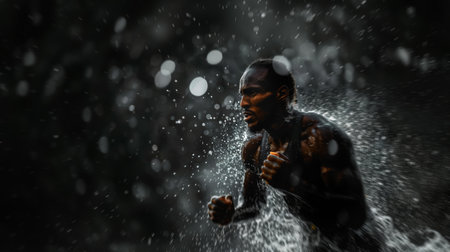 Man Running Through Rain in Darknessの素材