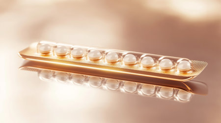 Close-up view of soft gel capsules on a reflective surface in soft natural lightの素材