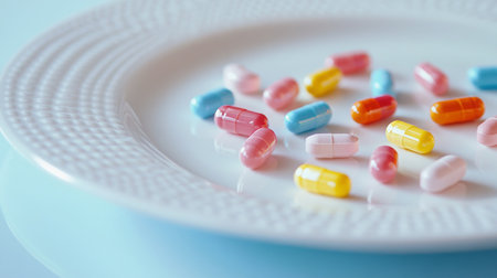 Colorful capsules arranged on white plate reflecting wellness and health awareness at homeの素材