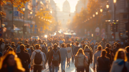 Crowded People Walking Along City Streetの素材