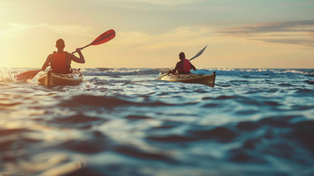Two People Kayaking in Ocean at Sunsetの素材