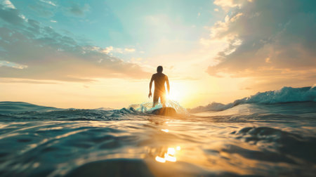 Man Standing on Surfboard in Ocean at Sunsetの素材