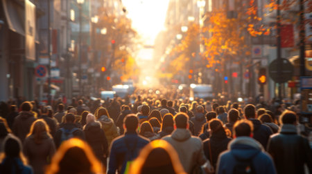 Large Group of People Walking Down a Streetの素材