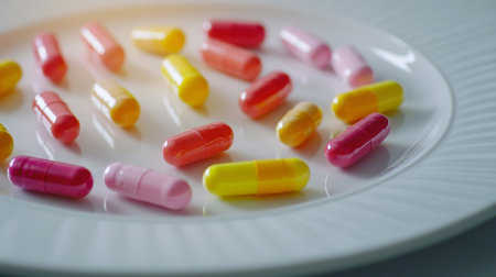 Colorful capsules arranged on a white plate in natural light during a morning settingの素材