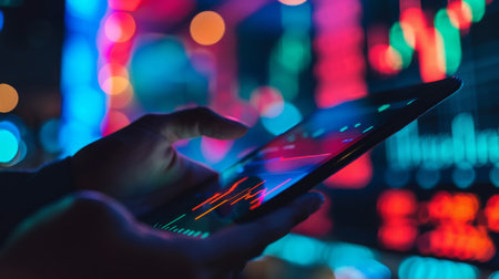Hand Holding Smartphone With Graphs Against Neon Night Lightsの素材