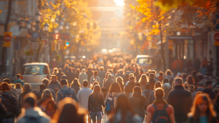 Crowd of People Walking Down a Streetの素材
