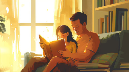 Man and Woman Sitting on Couch Reading Bookの素材