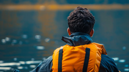 Man in Yellow and Black Jacket Viewing Body of Waterの素材