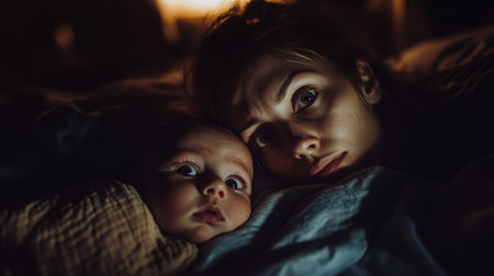A mother and her baby share a quiet moment together in a dimly lit room during the eveningの素材