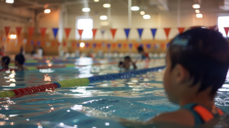 Young Boy Swimming in a Poolの素材