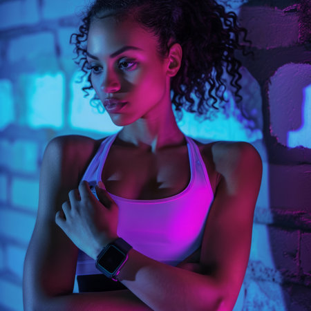 Woman in Bra Top Standing in Front of Brick Wallの素材