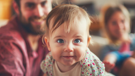 Baby Girl With Blue Eyes Sitting Next to a Manの素材