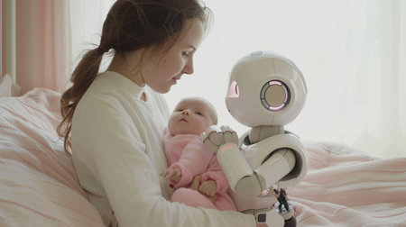 Woman Holding Baby Next to Robotの素材