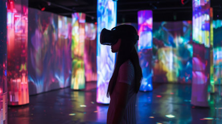 Woman Standing in Front of Colorful Lights Projectionの素材