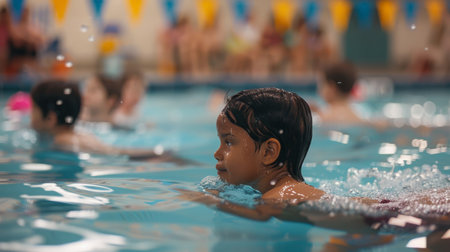 Group of People Swimming in a Poolの素材