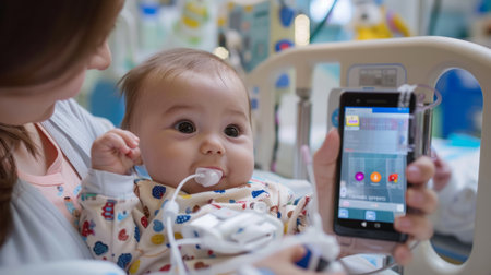 Woman Holding Baby in Hospital Bedの素材