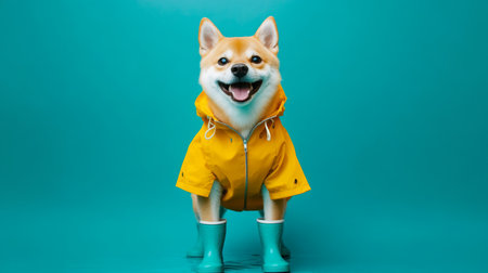 Happy dog in yellow raincoat and green boots posing against a bright teal backdropの素材