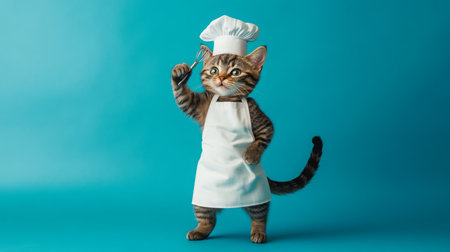 A tabby cat wearing a chefs hat and apron holds a whisk against a blue backgroundの素材