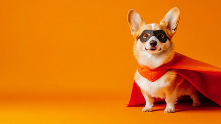 A corgi dressed as a superhero stands on an orange backgroundの素材