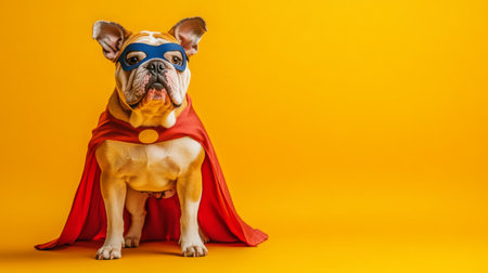 A playful dog in a superhero costume poses against bright yellow backdrop during daylightの素材