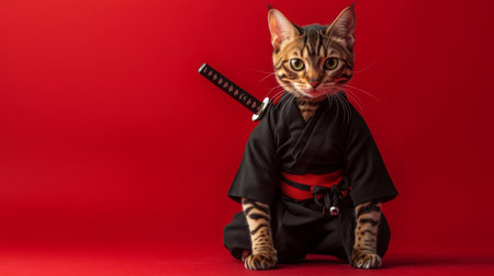 A playful Bengal cat dressed as a ninja with a katana against a vibrant red backgroundの素材