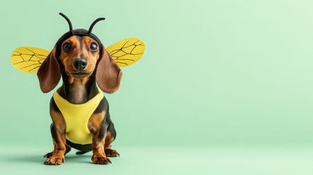 Cute dachshund dog dressed as a bee against a mint green background during daytime hoursの素材