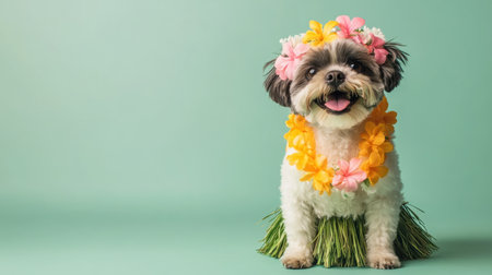 A small, white dog with black markings wears a flower lei and grass skirtの素材