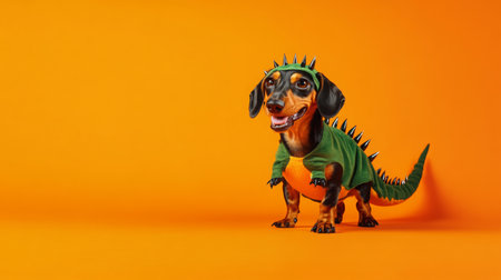 Playful dachshund dressed as a dinosaur stands against a vibrant orange backdropの素材