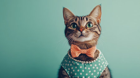 A tabby cat with a polka dot bowtie looks up against a green backgroundの素材