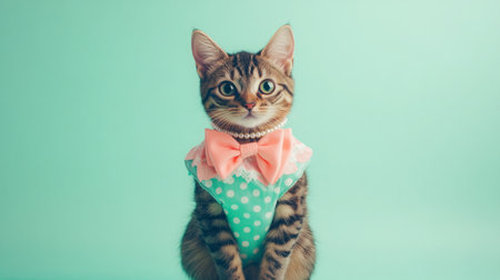 Adorable tabby cat dressed in a pastel outfit with bow tie against a mint green backgroundの素材