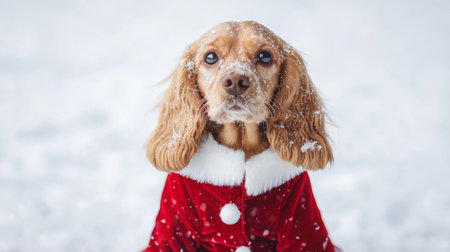 A golden cocker spaniel dressed in red coat playing in the snow during winter festivitiesの素材